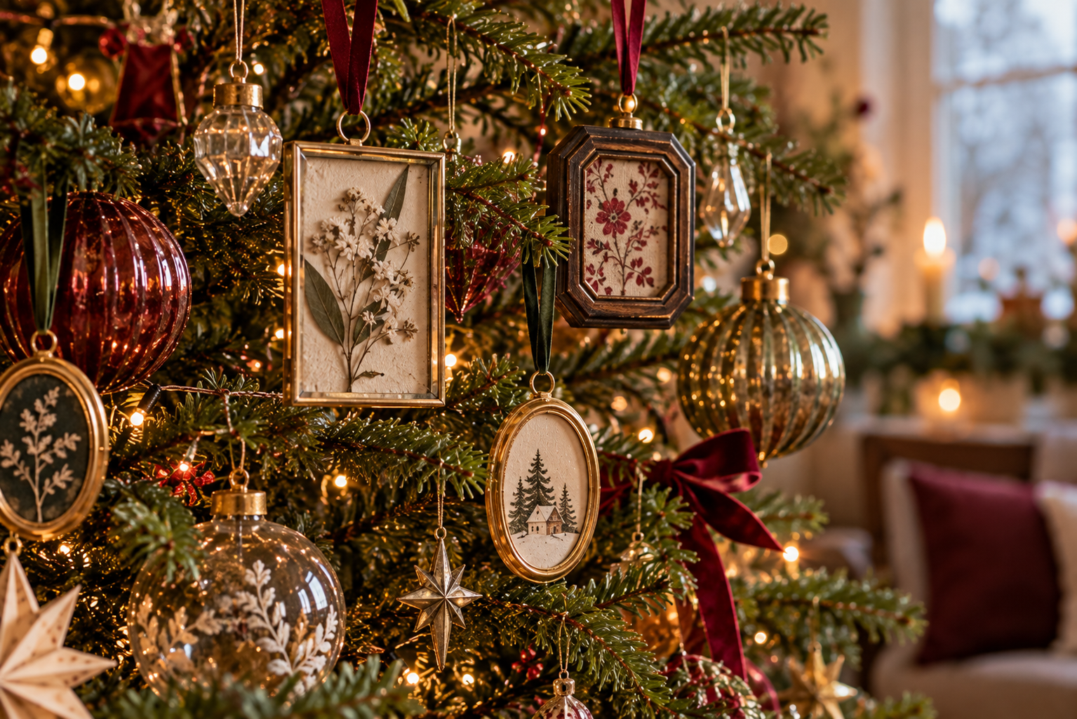 Kleine Bilderrahmen als Weihnachtsanhänger Kleine gerahmte Kunstwerke als persönliche Anhänger am Weihnachtsbaum