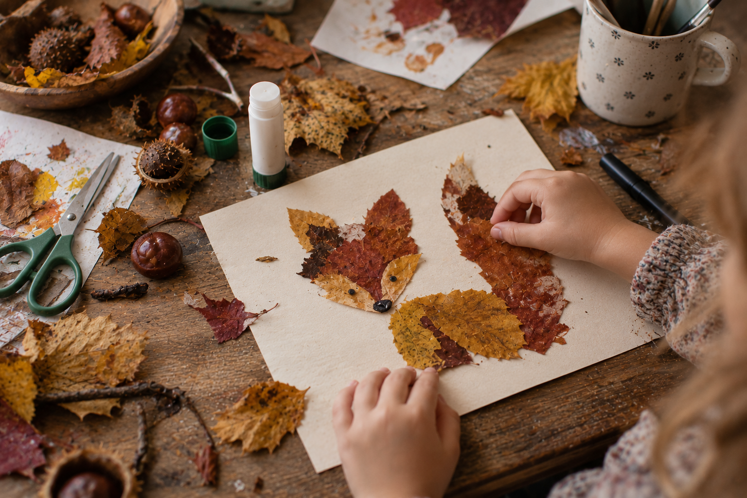 Kinderhände gestalten aus gepressten Herbstblättern ein Tierbild