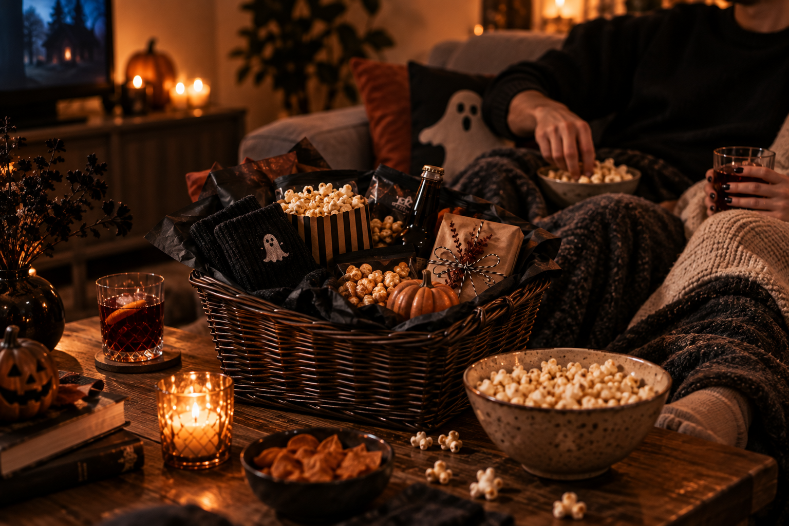 Geöffneter Boo Basket mit Popcorn und Snacks für einen gemeinsamen Filmabend