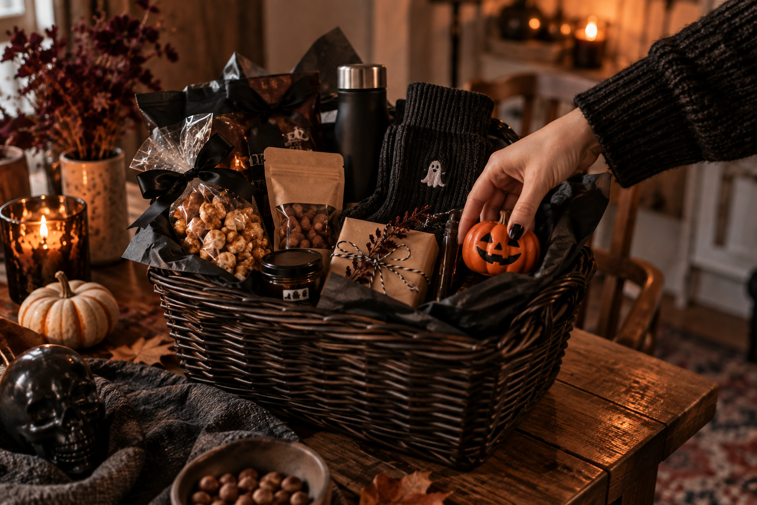 Persönlich gefüllter Boo Basket für den Freund mit Snacks und kleinen Geschenken