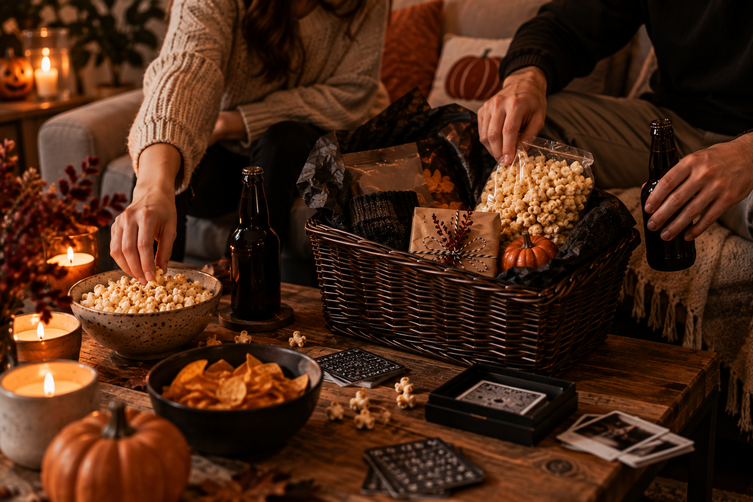 Boo Basket mit Popcorn, Spiel und Getränken für einen gemeinsamen Abend