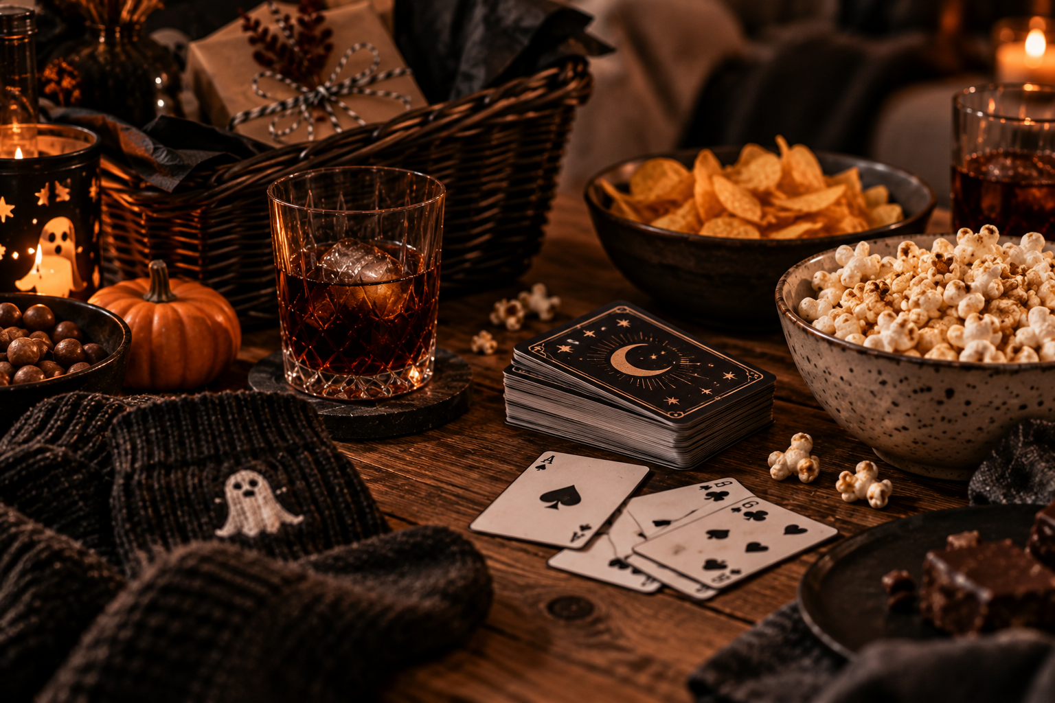 Kartenspiel, Getränk und kuschelige Socken als kleine Boo-Basket-Geschenke