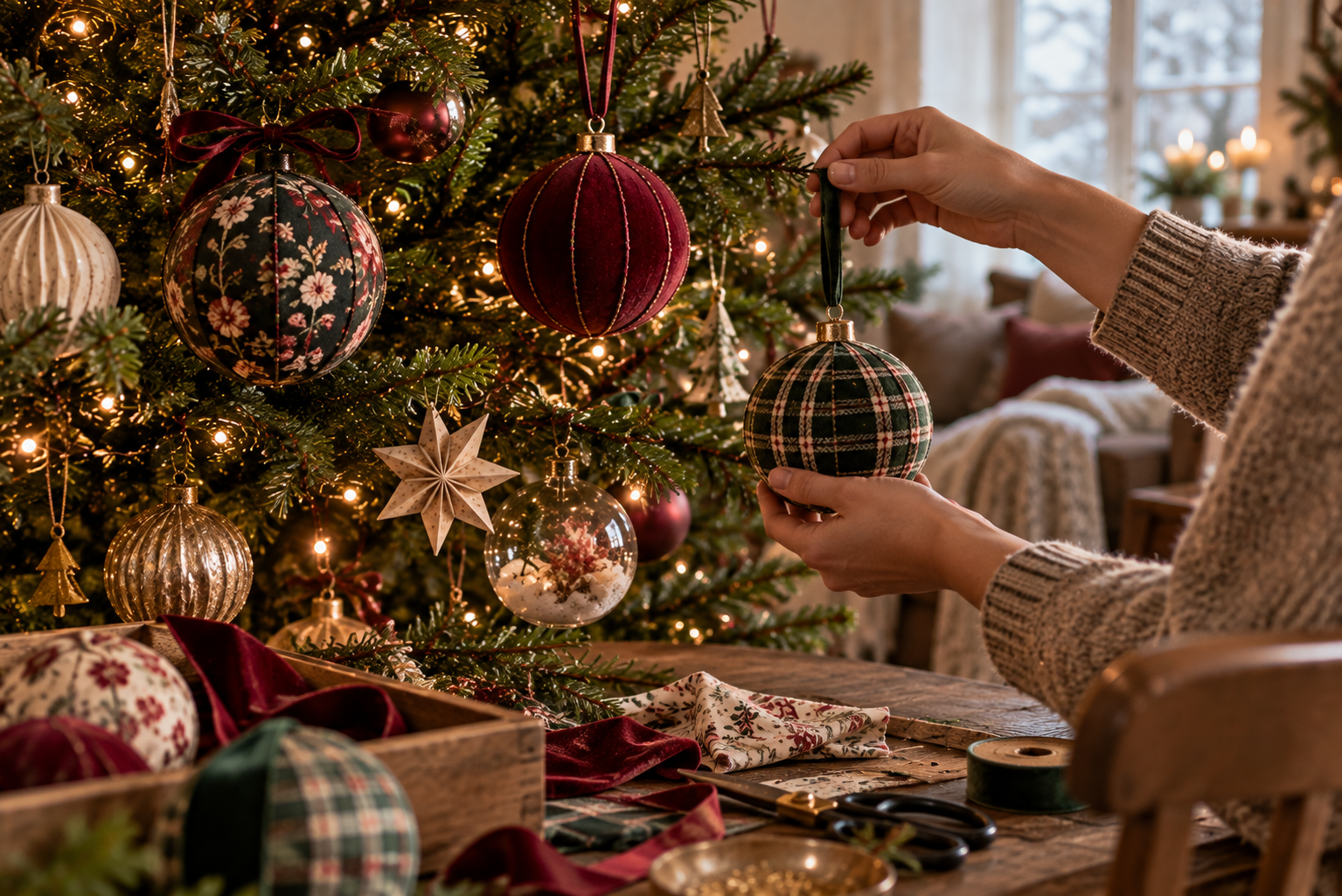 Christbaumkugeln mit Stoff beziehen Selbst gemachte Christbaumkugeln aus Samt, Karostoff und floralem Stoff