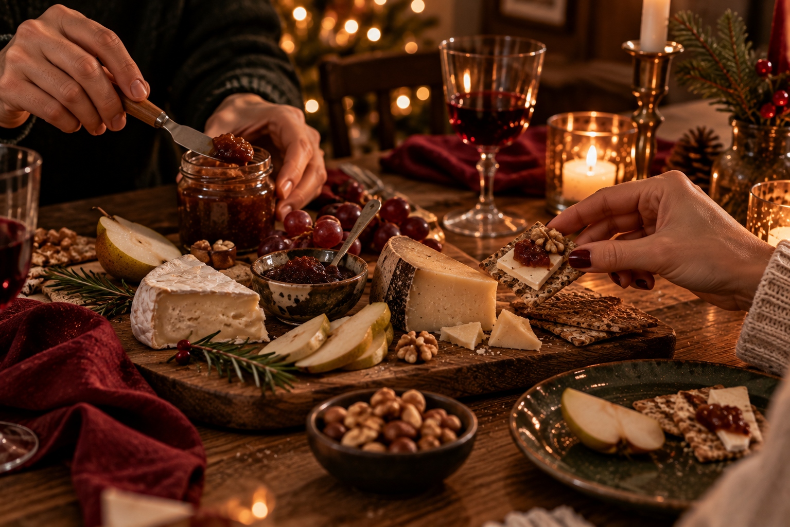 Chutney und Käse als Adventsgenuss Käsebrett mit Chutney, Birne, Crackern und Nüssen in weihnachtlicher Atmosphäre.