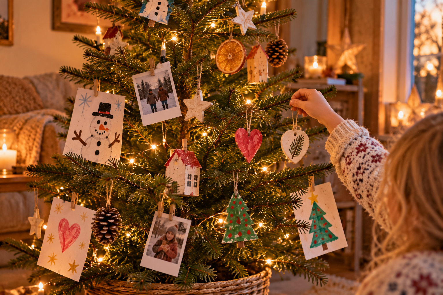 Familien-Weihnachtsbaum mit Erinnerungen Kleiner Weihnachtsbaum mit Fotos, Kinderzeichnungen und selbst gemachten Erinnerungsanhängern