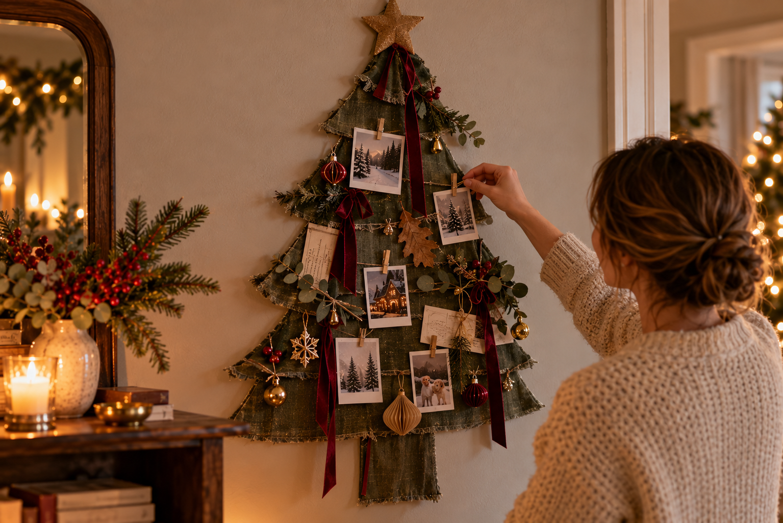 Persönlicher Erinnerungsbaum Weihnachtlicher Erinnerungsbaum aus Fotos, kleinen Fundstücken und Anhängern