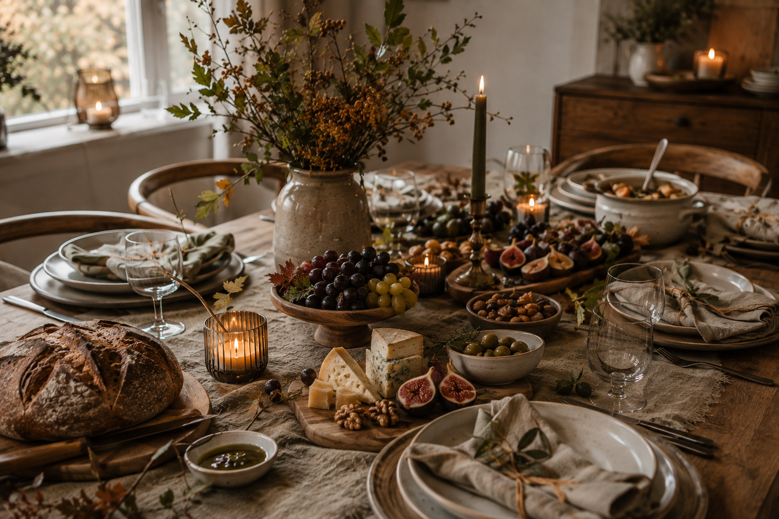Herbstliche Tafel mit Brot, Feigen, Trauben, Käse und natürlichen Servierstücken