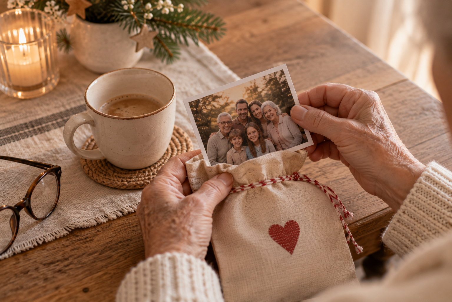 Ältere Hände halten ein Familienfoto über einem geöffneten Adventssäckchen.
