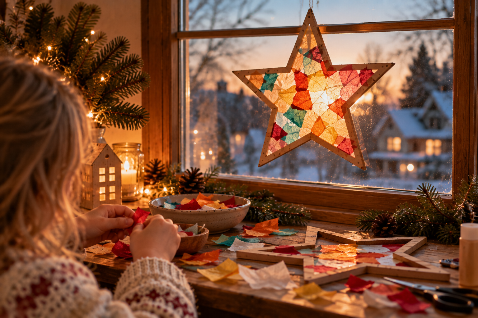 Fensterstern aus Transparentpapier Selbst gebastelter Weihnachtsstern mit buntem Transparentpapier-Mosaik vor einem winterlichen Fenster