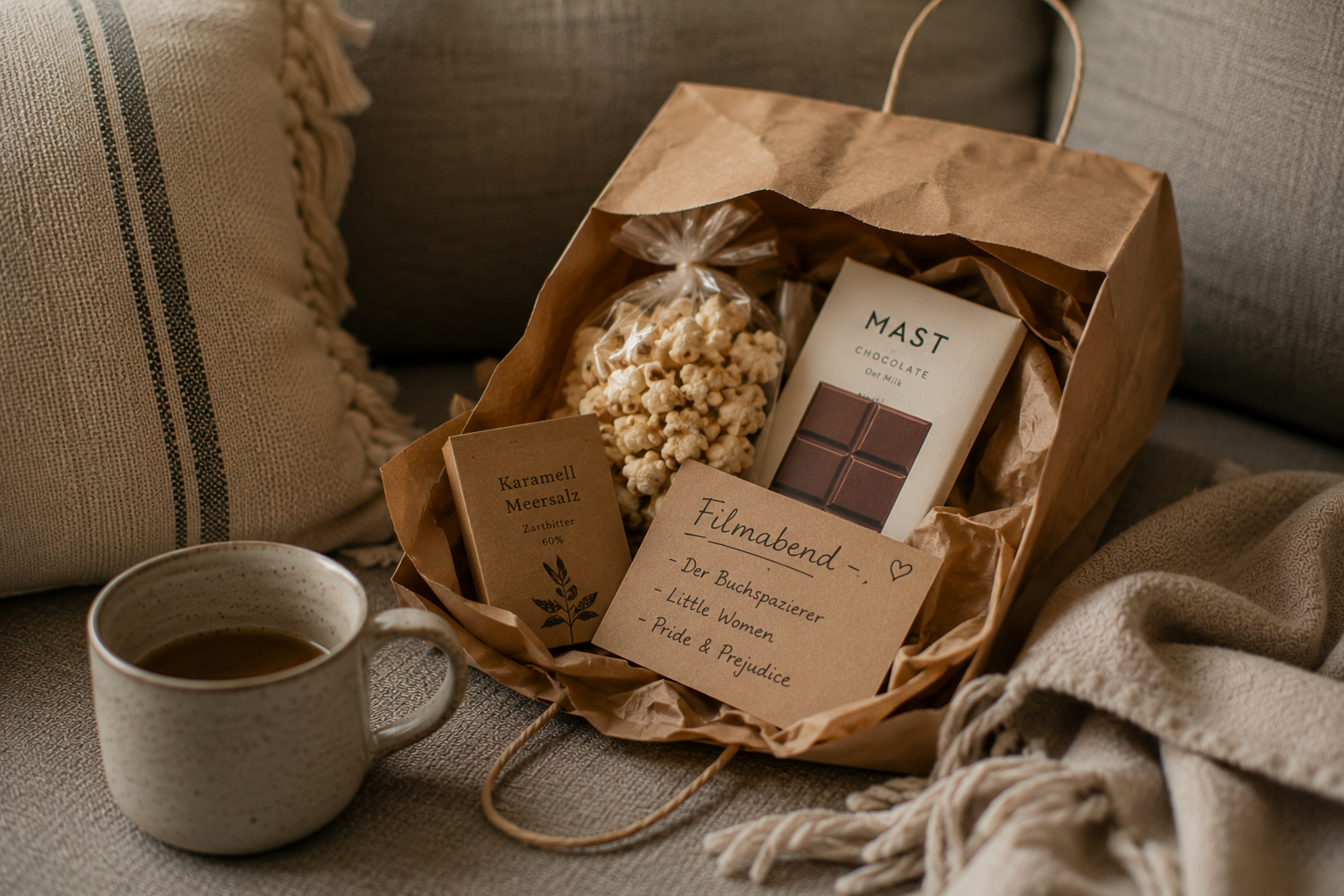 Filmabend zum Verschenken Kleine Geschenkidee für einen Filmabend mit Popcorn, Schokolade und Karte