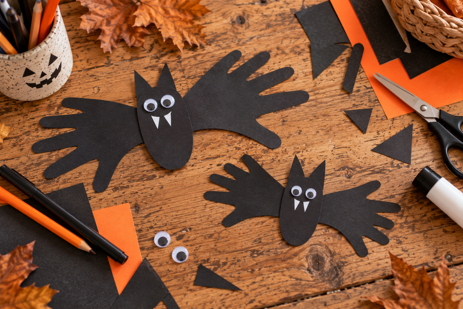 Fledermäuse aus schwarzen Handabdrücken als Halloween-Bastelei