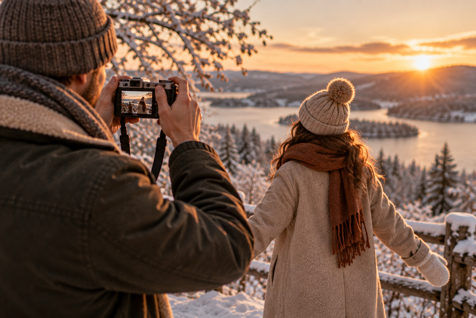 Paar macht bei einem winterlichen Ausflug spontan gemeinsame Fotos.