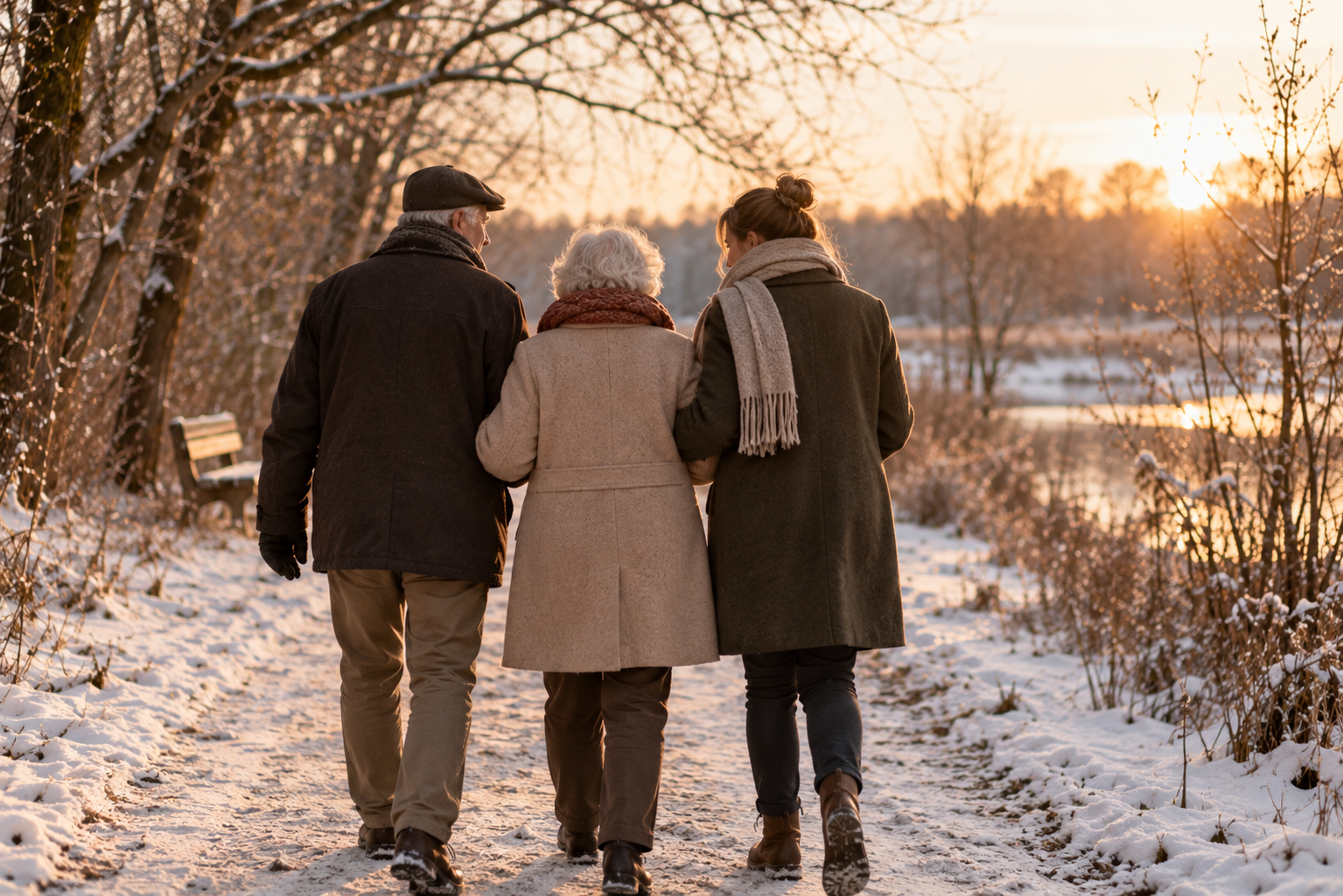 Älteres Paar und Familienmitglied gehen gemeinsam auf einem winterlichen Weg spazieren.