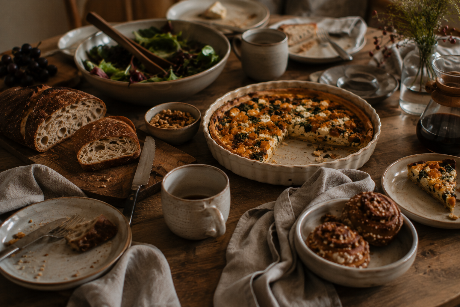 Bewohnter Brunchtisch mit herbstlichen Gerichten, Kaffee und benutztem Geschirr