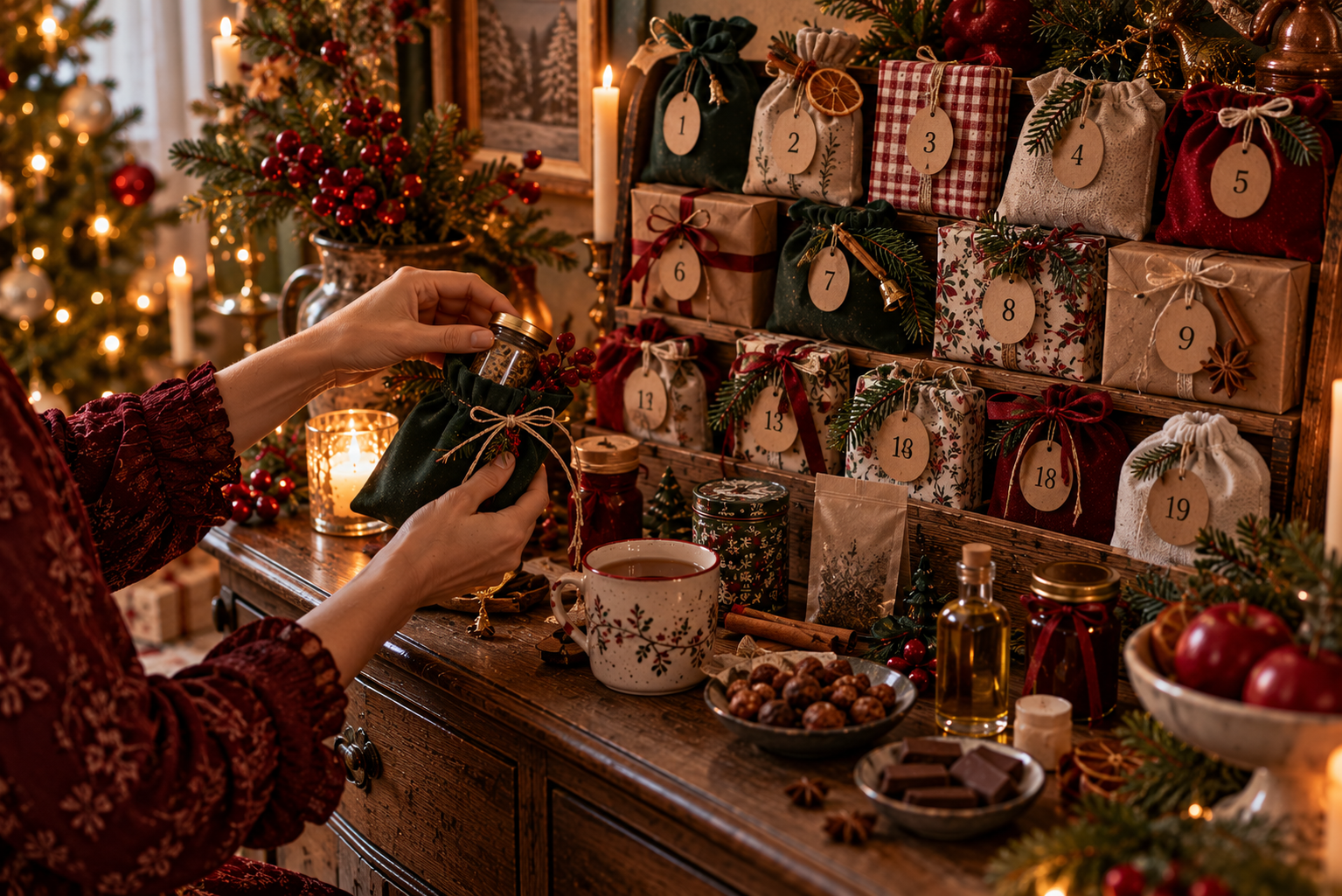 Selbst gefüllter Genuss Adventskalender mit Kaffee, Schokolade, Gewürzen und kleinen Feinkostüberraschungen.