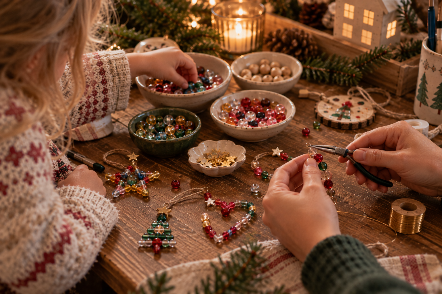 Weihnachtsanhänger aus Glasperlen Kind wählt bunte Glasperlen für einen Weihnachtsanhänger aus, während eine erwachsene Hand den Draht schließt