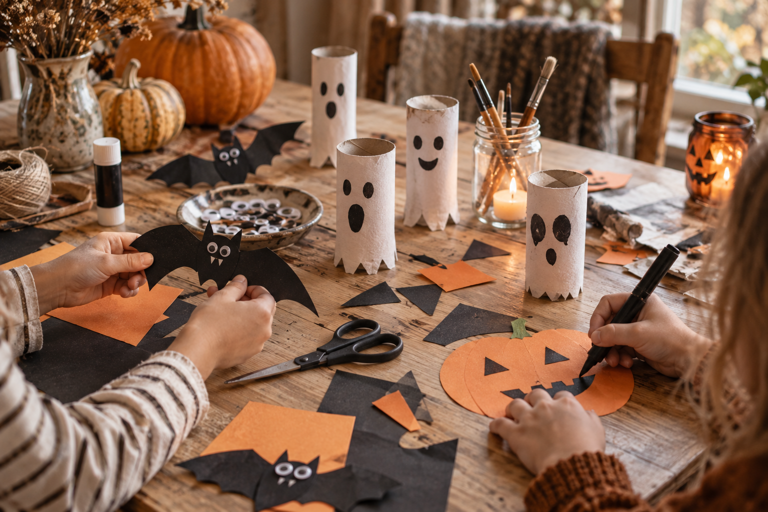 Kinder basteln gemeinsam einfache Halloween-Deko aus Papier und Pappe