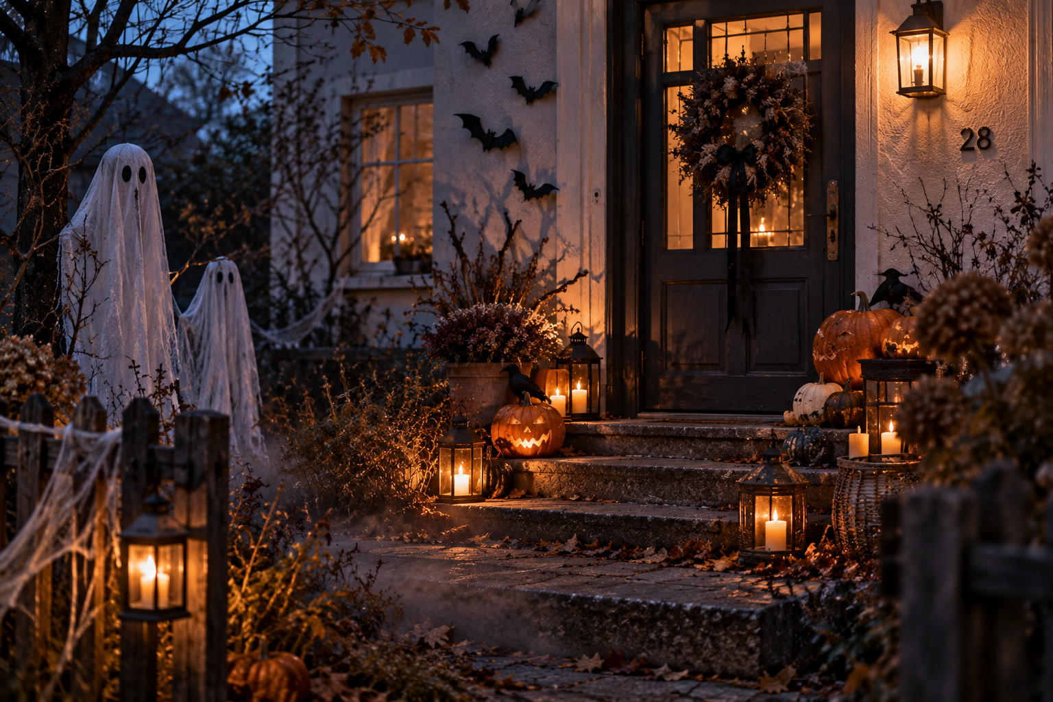 Herbstlich dekorierter Hauseingang mit Kürbissen, Laternen und Halloween-Deko