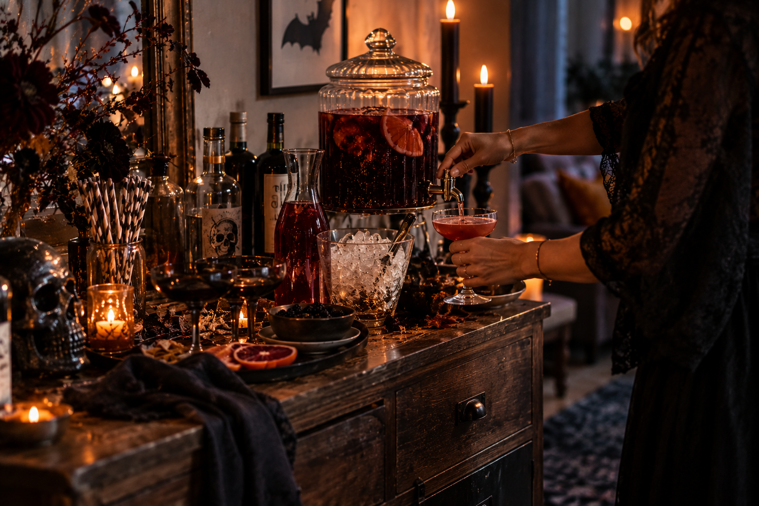 Drinkstation für Gäste Gast füllt sich an einer kleinen Halloween-Drinkstation ein Getränk ein