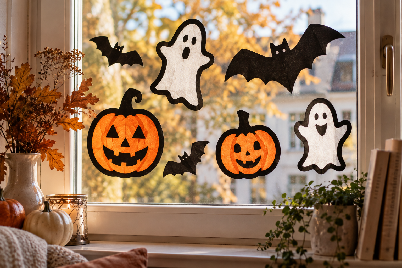 Selbst gemachte Halloween-Fensterbilder aus Ton- und Transparentpapier