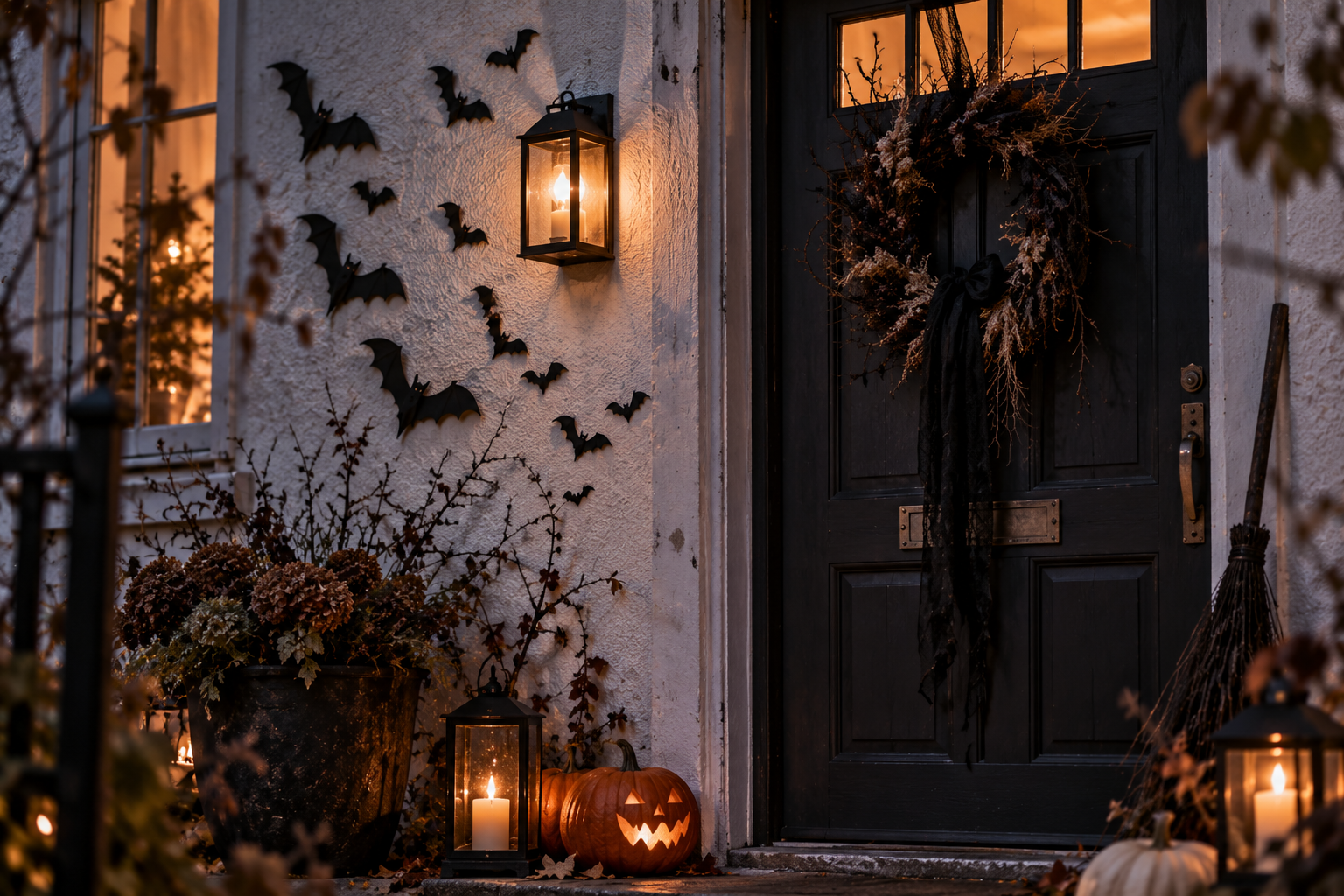 Schwarze Fledermäuse als Halloween-Deko rund um eine helle Haustür
