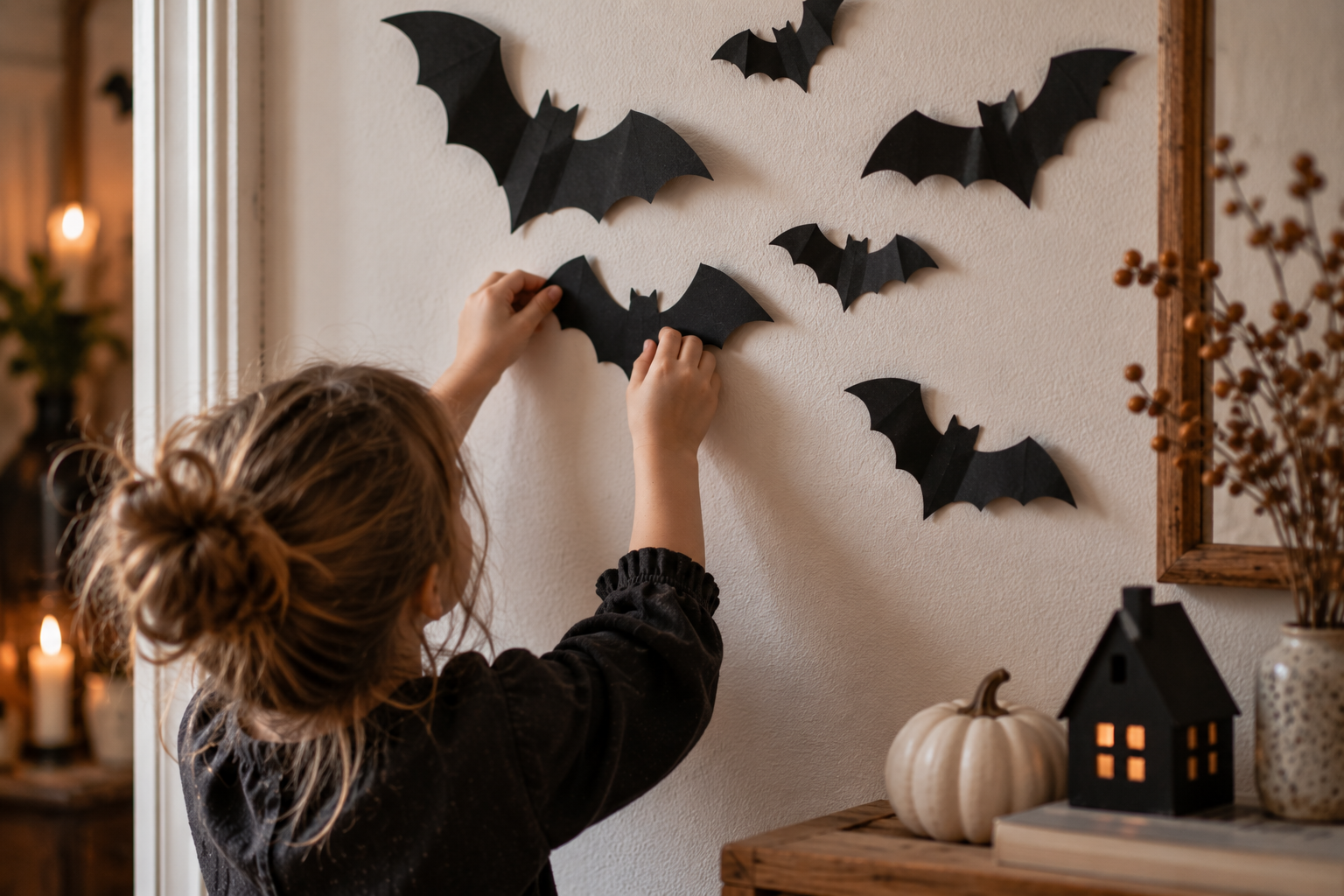 Schwarze Papierfledermäuse werden als Halloween-Deko an einer Wand befestigt