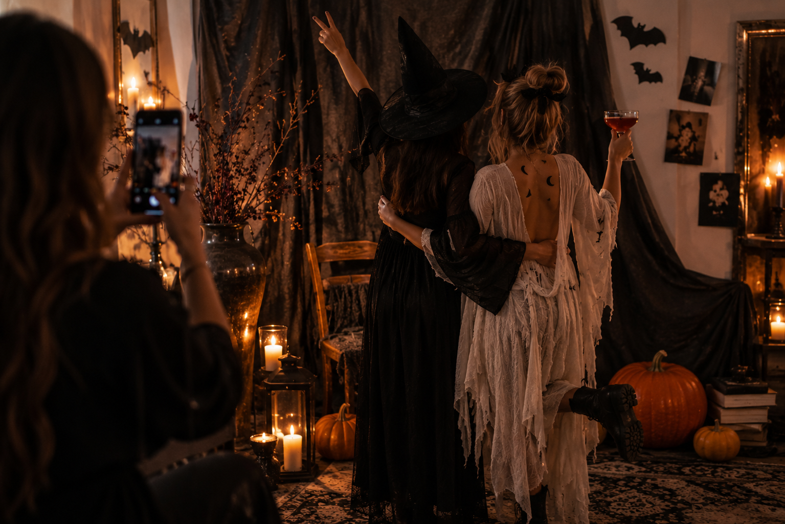 Fotoecke für Halloween Zwei Gäste fotografieren sich in einer zurückhaltend dekorierten Halloween-Fotoecke
