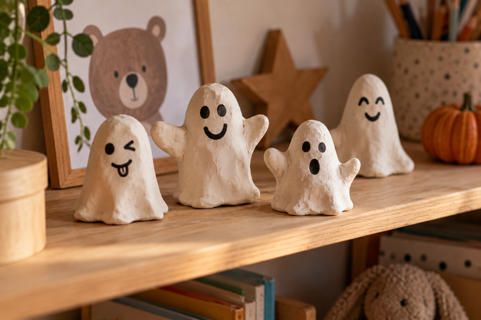 Kleine selbst geformte Halloween-Geister aus lufttrocknender Modelliermasse