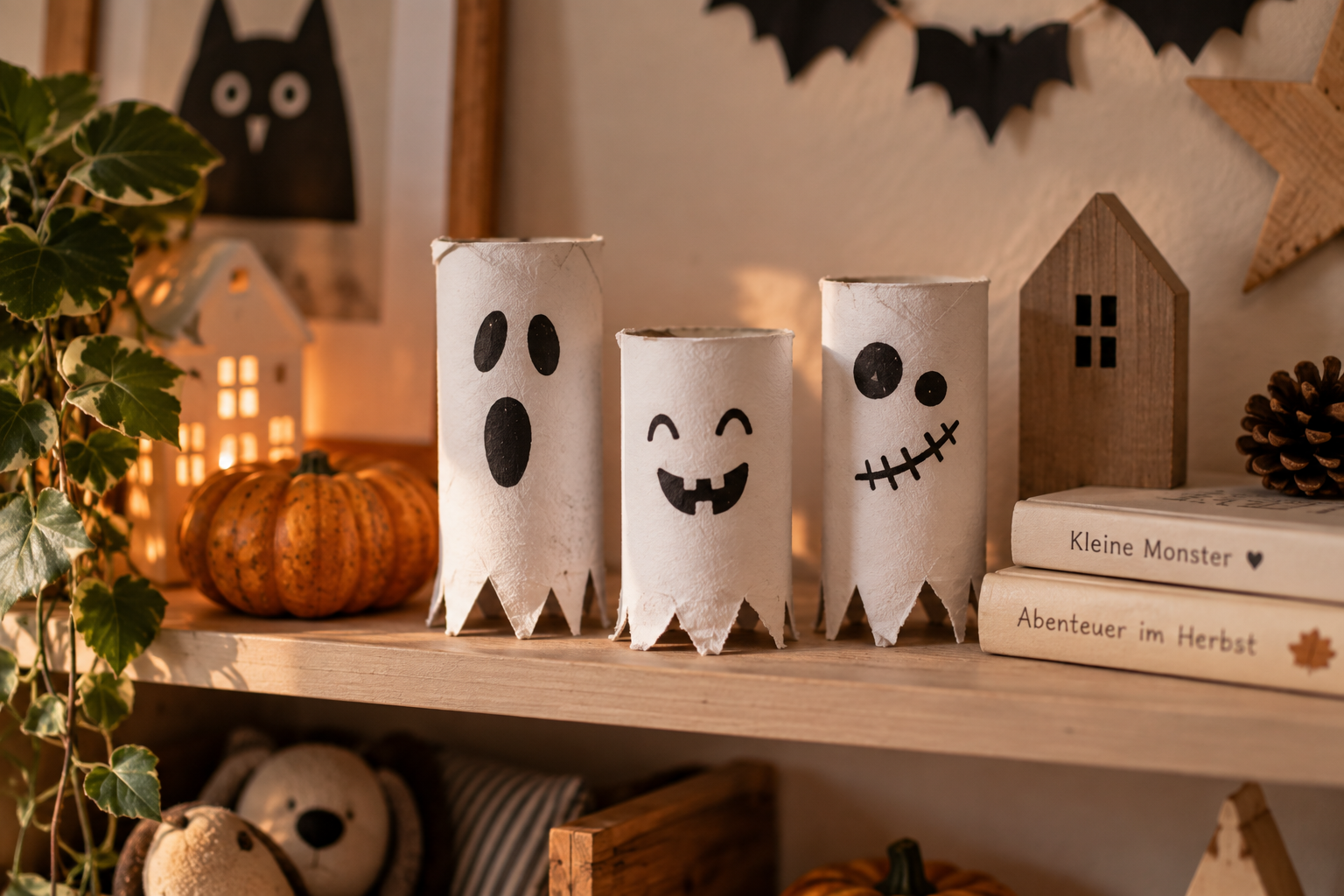 Selbst gebastelte Halloween-Geister aus bemalten Papprollen