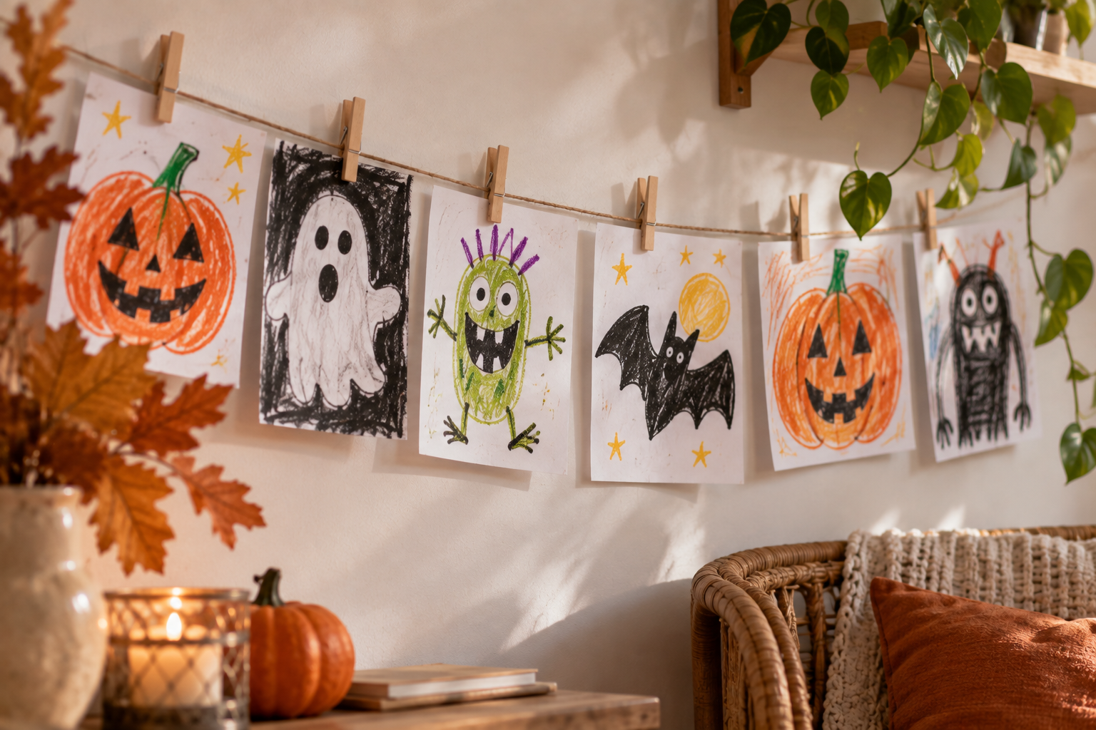 Halloween-Girlande aus selbst gemalten Kinderzeichnungen