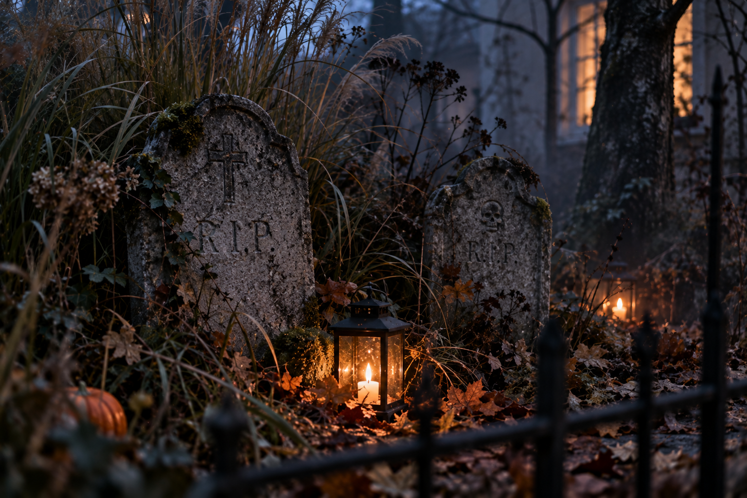 Halloween-Grabsteine zwischen hohen Gräsern und Herbstlaub im Vorgarten