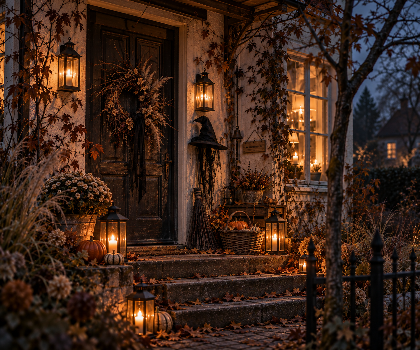 Mit Kürbissen, Fledermäusen, Kranz und Laternen dekorierter Hauseingang zu Halloween