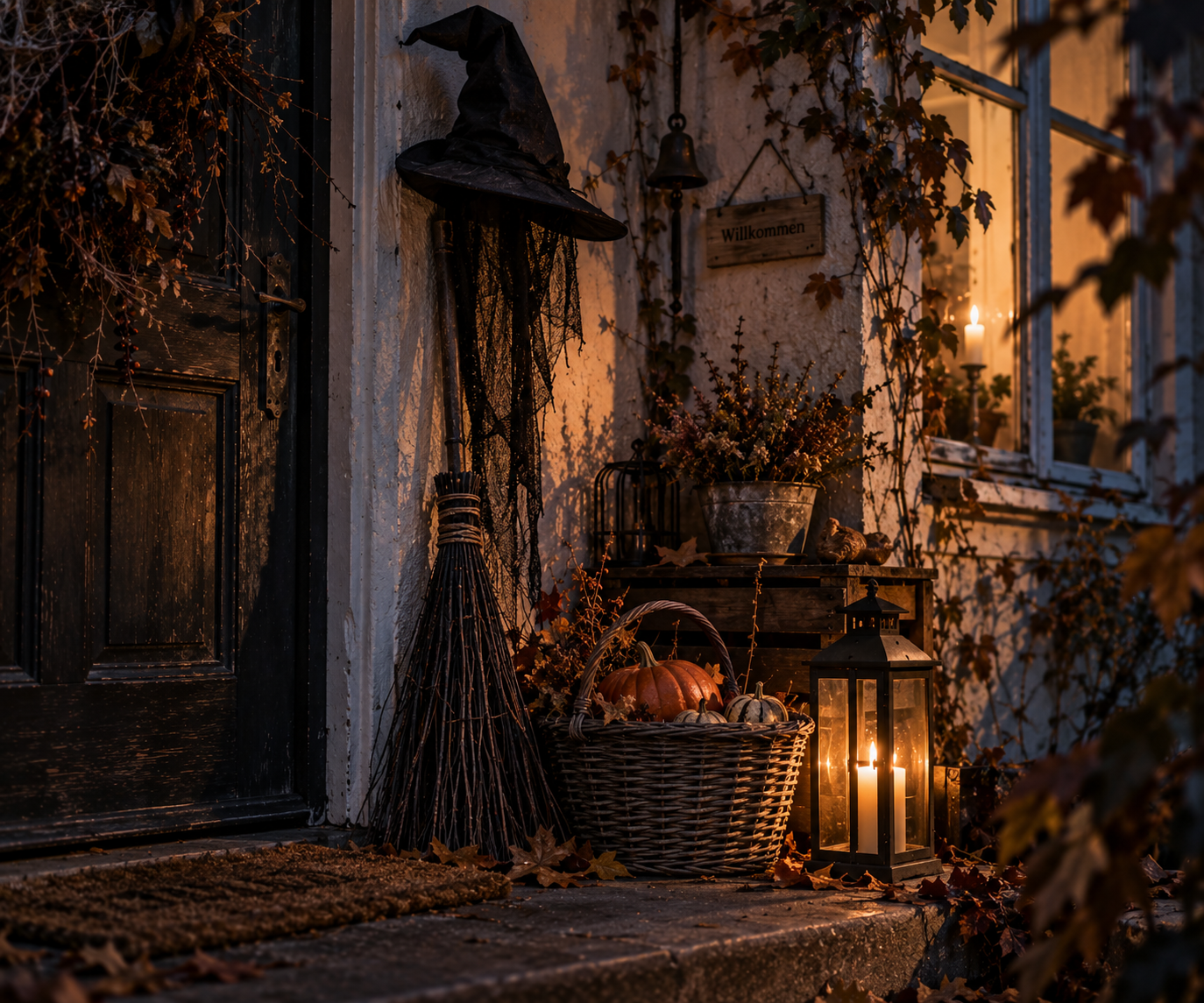 Hexenhut, Besen, Kürbisse und Laterne als Halloween-Deko vor dem Haus