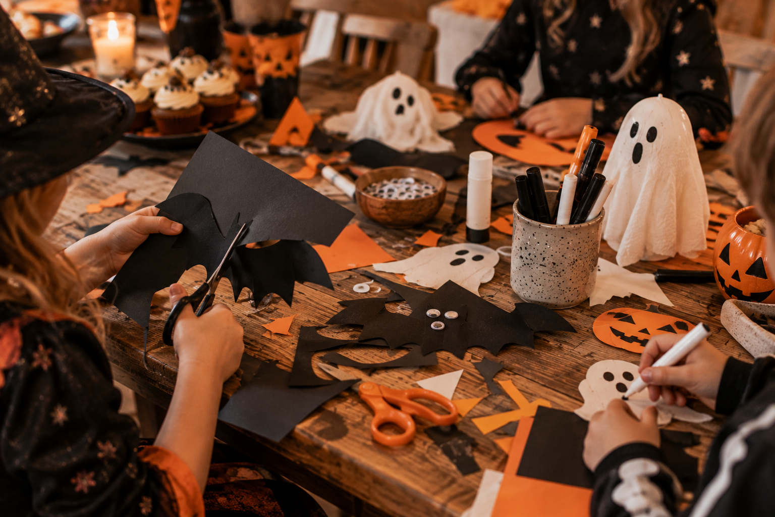 Kinder basteln bei Halloween Party Bastelstation mit Fledermäusen und Geistern bei einer Halloween Kinderparty