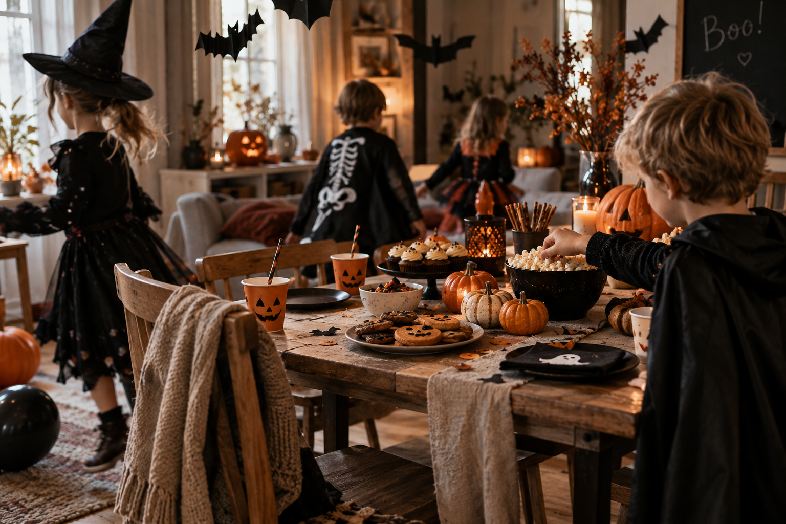 Halloween Kinderparty mit verkleideten Kindern, Spielen und herbstlicher Dekoration