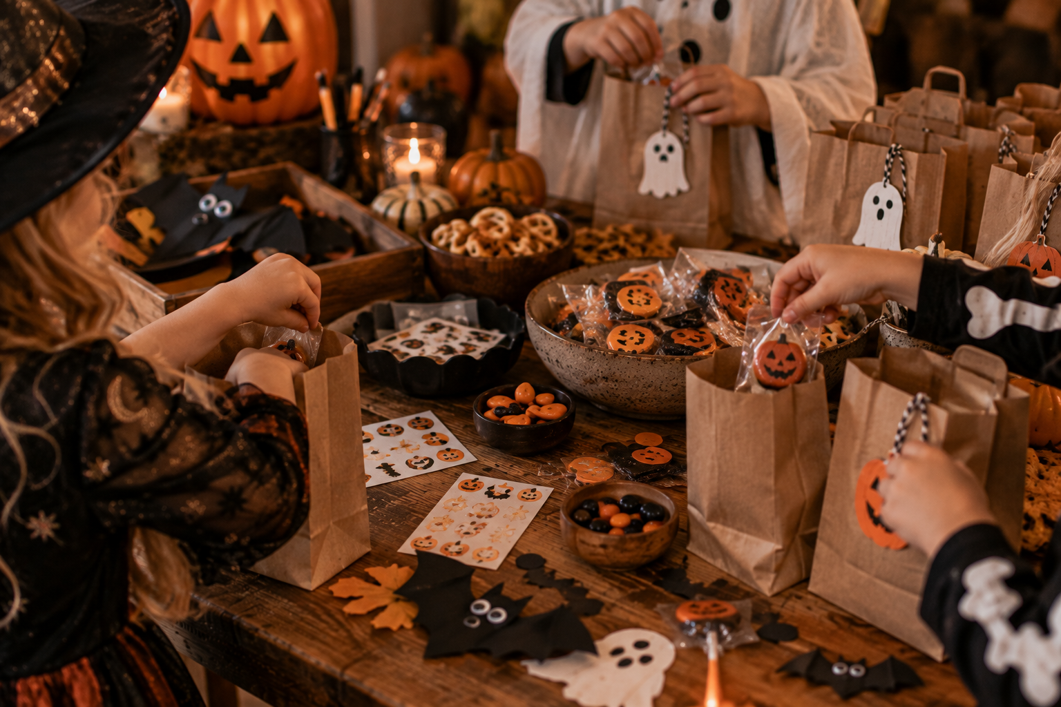 Mitgebsel für Halloween Party Kinder stellen Mitgebseltüten für die Halloween Party zusammen
