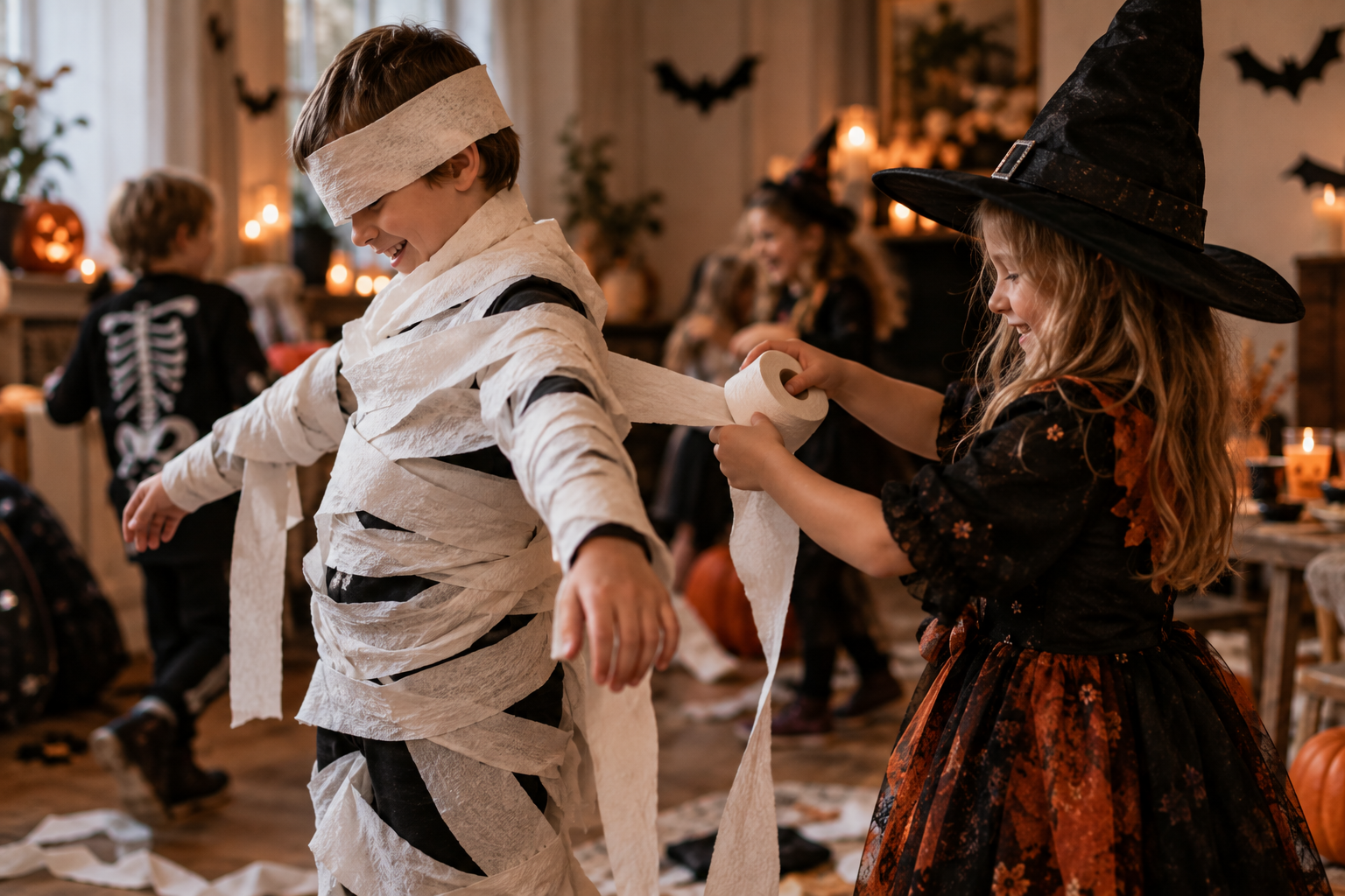 Mumienwickeln bei Halloween Kinderparty Kinder spielen Mumien-Wickeln auf einer Halloween Party