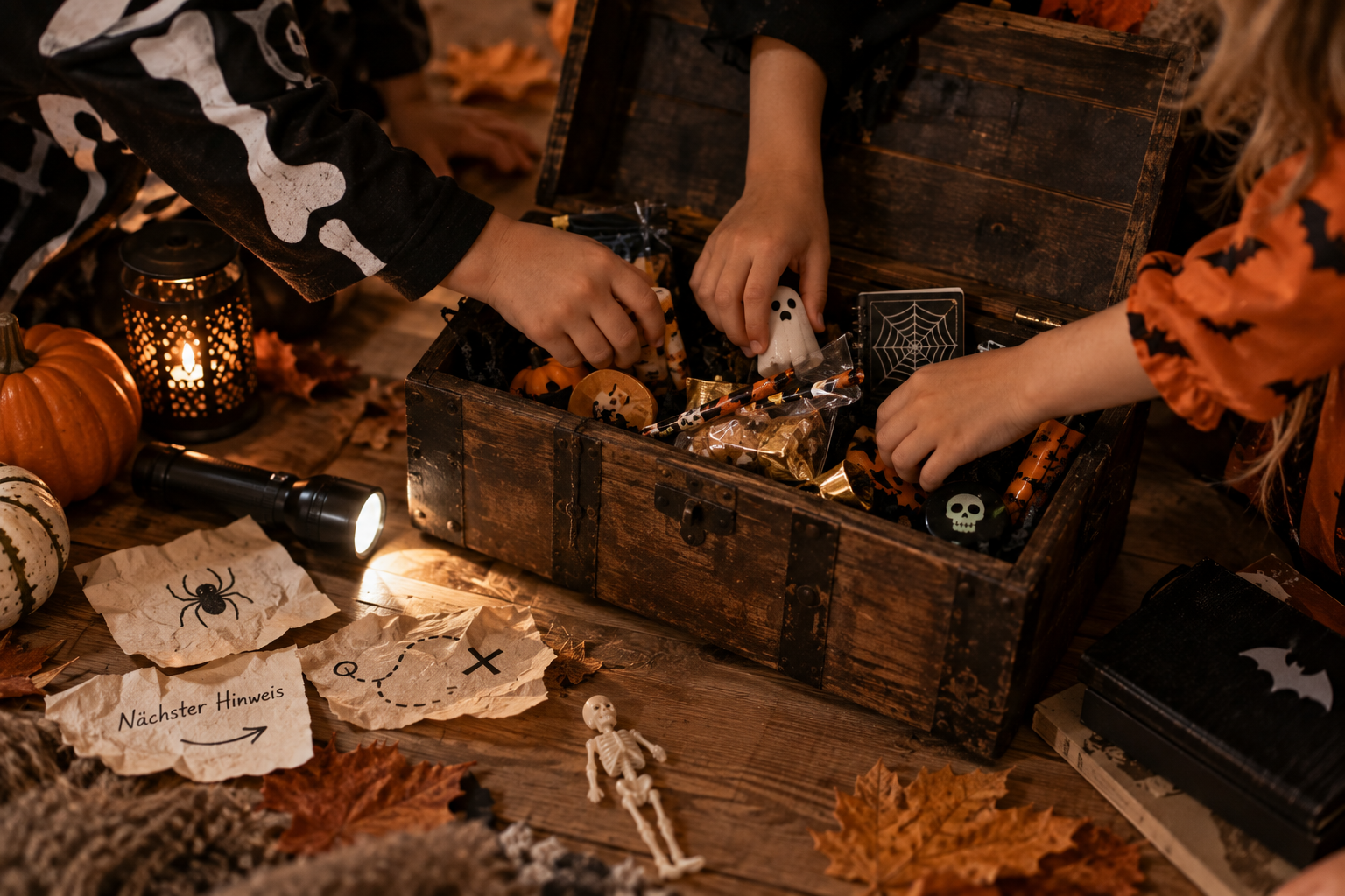 Schatzsuche bei einer Halloween Kinderparty Schatzsuche bei einer Halloween Kinderparty mit kleiner Schatzkiste