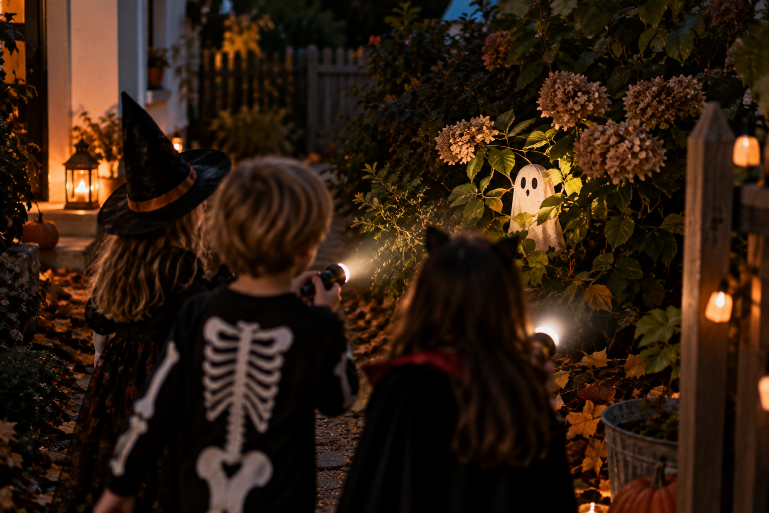Kinder mit Taschenlampe an Halloween Kinder suchen mit Taschenlampen nach versteckten Halloween-Motiven