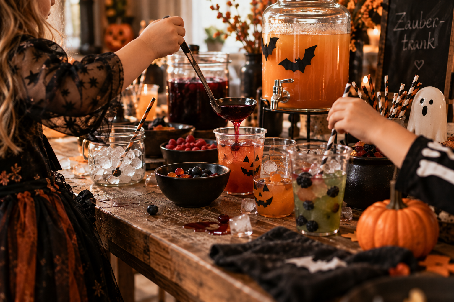Getränkestation bei Halloween Kinderparty Kinder mischen einen alkoholfreien Zaubertrank für Halloween