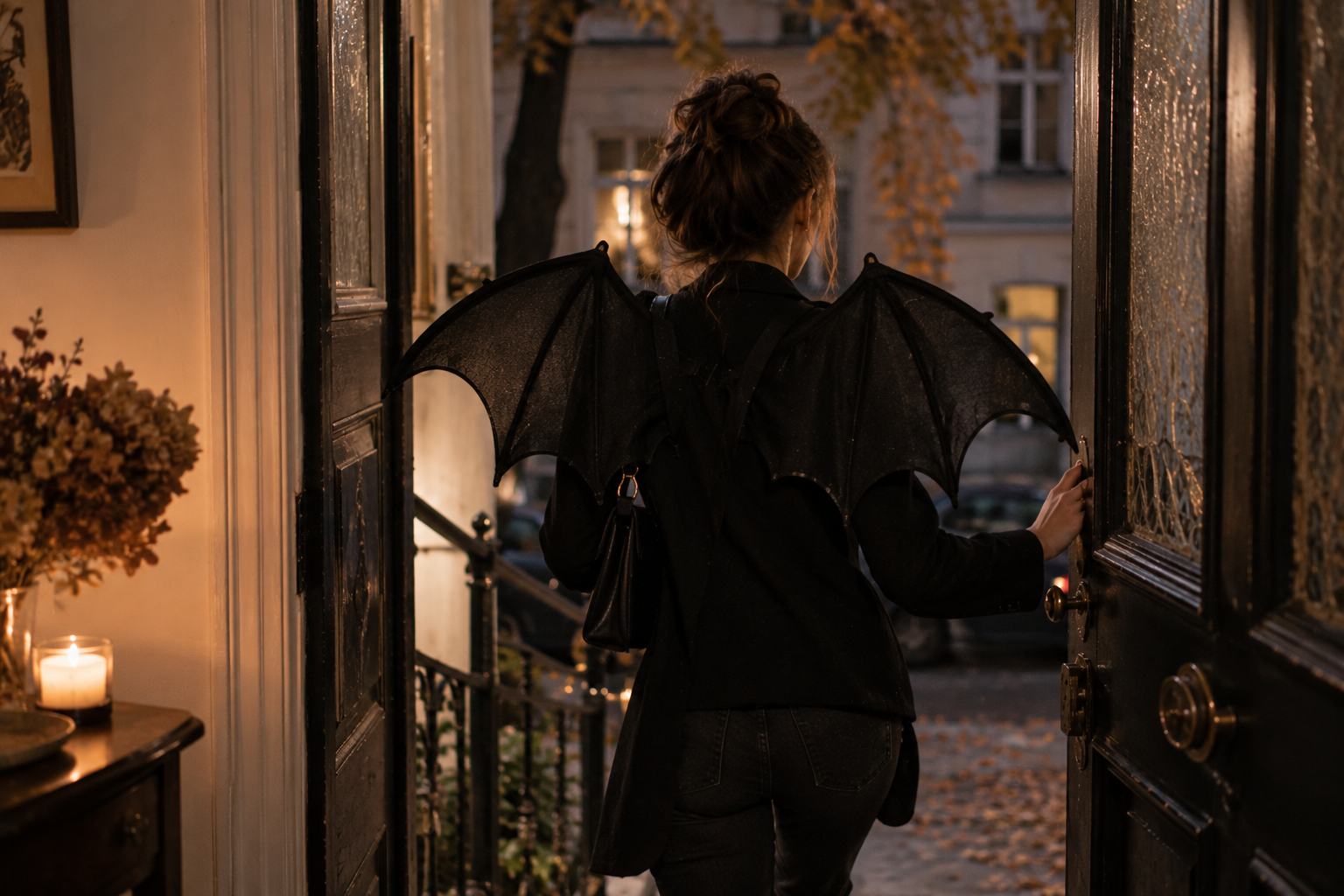Schwarzes Halloween-Outfit mit einfachen Fledermausflügeln