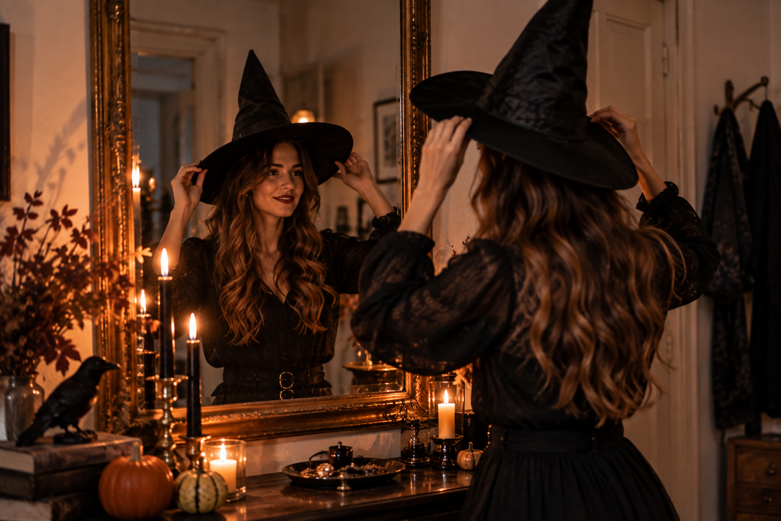 Frau mit schwarzer Kleidung und Hexenhut als einfaches Halloween-Kostüm