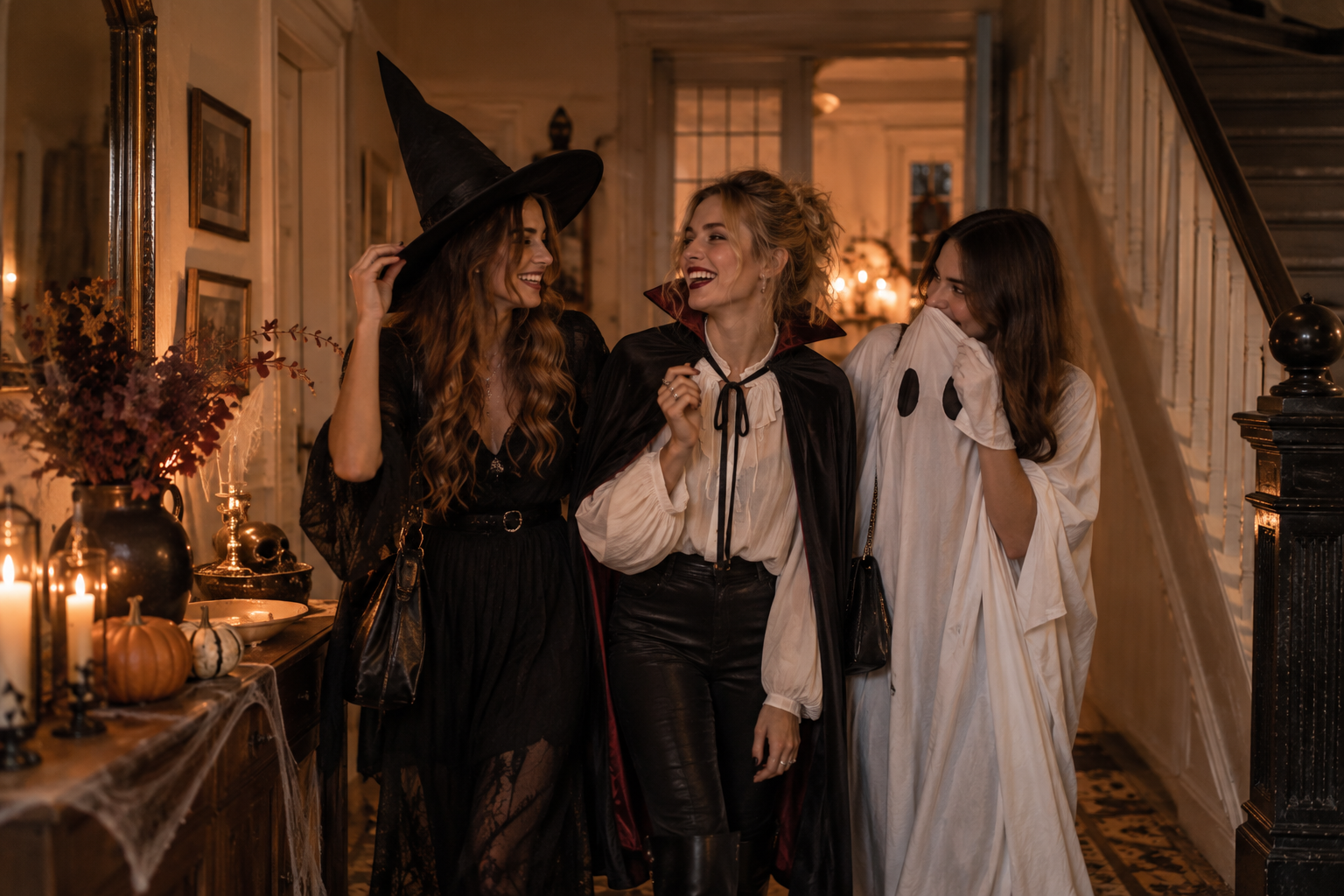 Drei einfache Halloween-Kostüme mit Hexe, Vampir und Gespenst