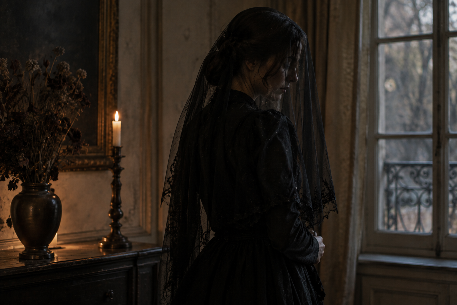 Einfacher düsterer Halloween-Look mit schwarzem Kleid und Schleier