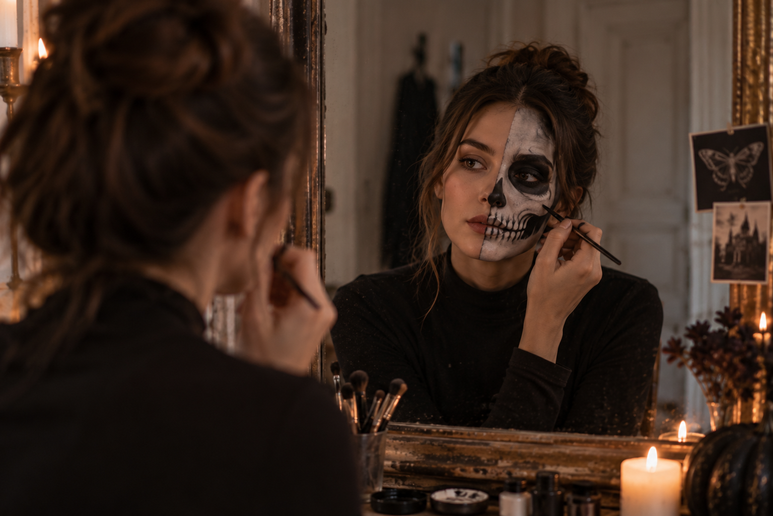 Einfaches Skelett-Make-up zu schwarzer Kleidung