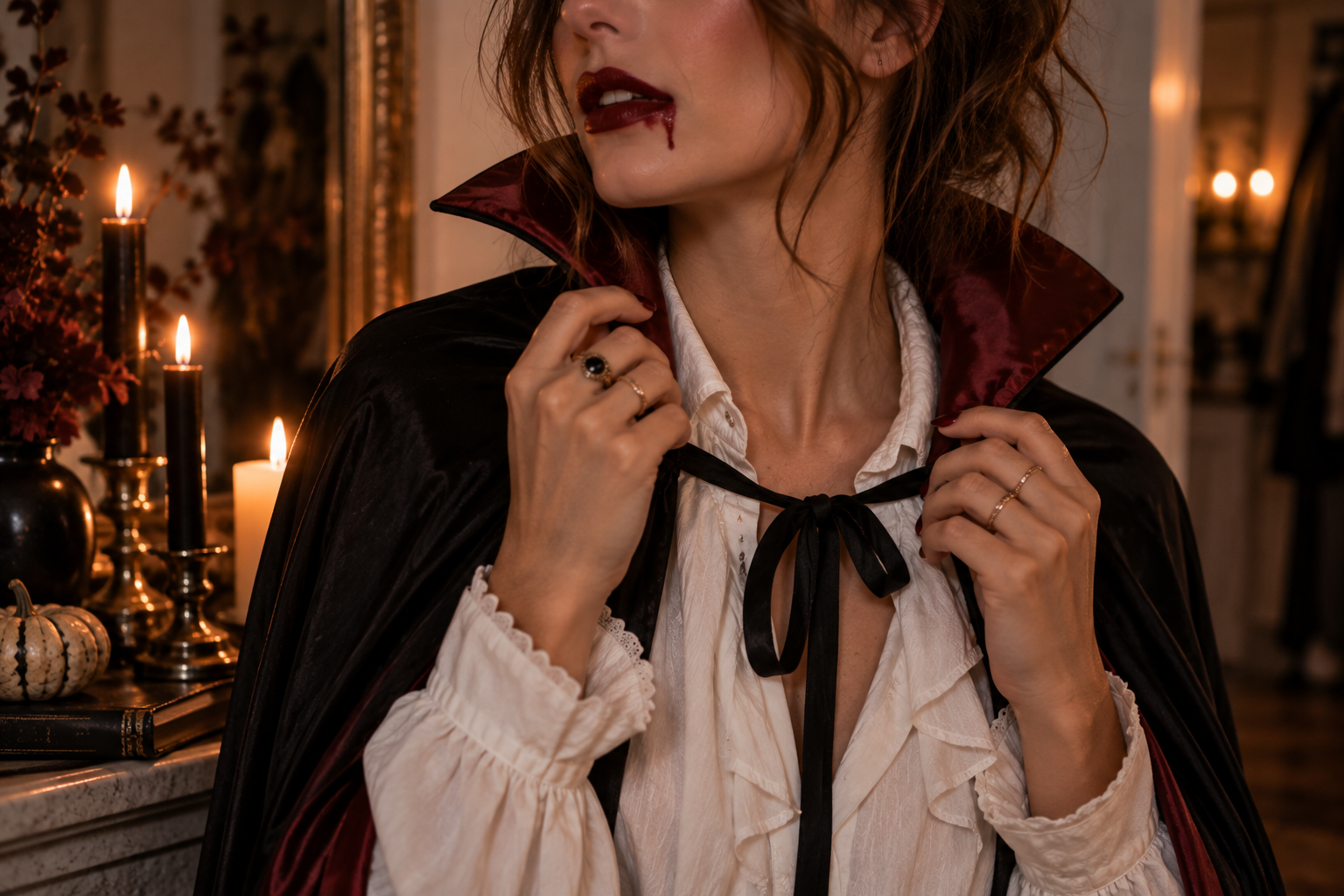 Einfacher Vampir-Look mit weißer Bluse und schwarzem Umhang