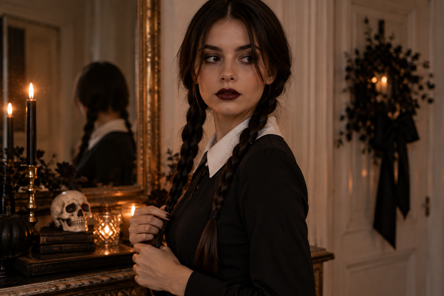 Halloween-Look mit schwarzem Kleid, weißem Kragen und geflochtenen Zöpfen
