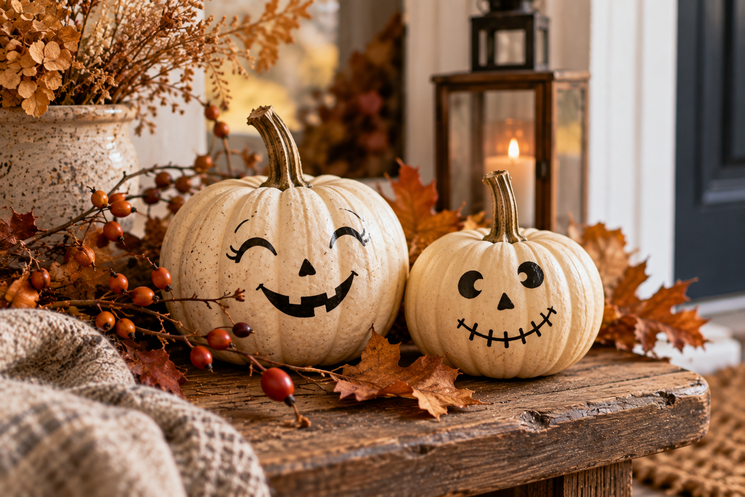 Helle Halloween-Kürbisse mit einfachen schwarzen Gesichtern
