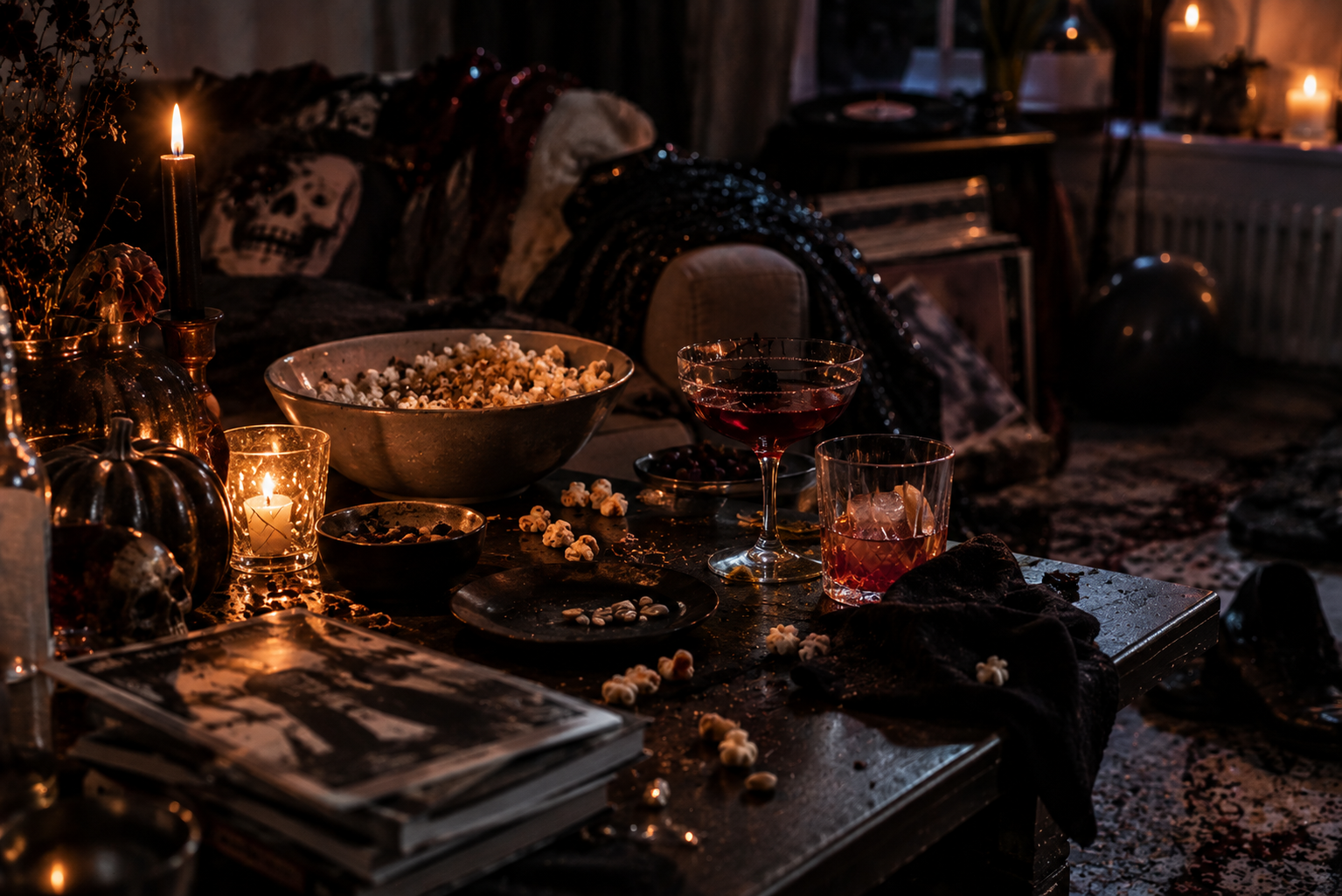 Snacks zu später Stunde Popcorn und kleine Snacks auf einem benutzten Partytisch am späten Halloween-Abend