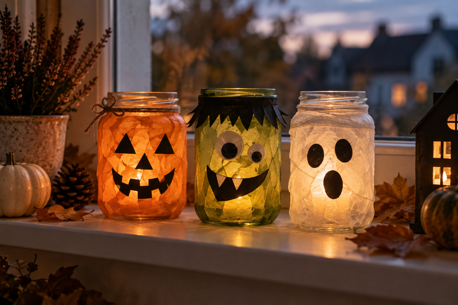 Selbst gebastelte Monster-Lichter aus Gläsern und Transparentpapier